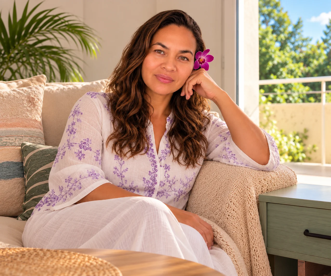 Sariah Aharau assise sur un canapé, une orchidée dans les cheveux